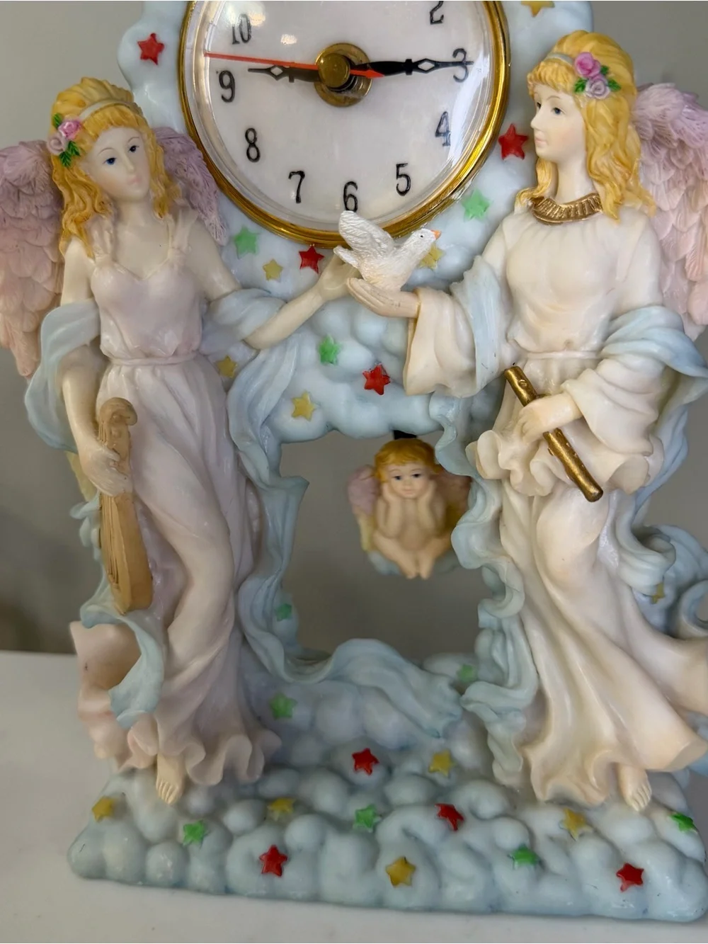 Vintage Angelic Ceramic like Mantel Clock - Pastel Multi-Color